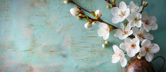Aufkleber - White blossoms in a metal container on a pale blue backdrop with room for copy space image