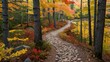 © Free - wooden path winds through a forest, alongside a calm
