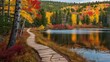 © Free - wooden path winds through a forest, alongside a calm