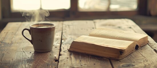 Poster - Retro style vintage scene with a smoking hot coffee a book for relaxation on a wooden table offering space for additional images