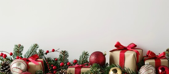 Poster - A festive arrangement featuring Christmas presents adorned with a spruce twig and ornaments against a white backdrop creating a beautiful copy space image