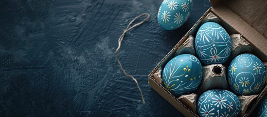 Wall Mural - Hand painted blue Easter eggs in cardboard packaging on a dark background card with copy space image reflecting Catholic and Orthodox holiday traditions