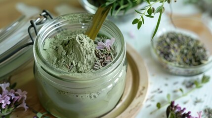 Poster - DIY beauty treatment with green bentonite clay and herbs in a jar