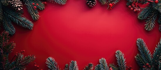 Poster - A festive Christmas scene with tree branches creating a frame against a red background ideal for holiday greeting cards with copy space image