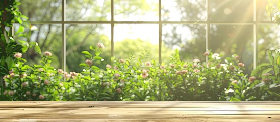 Aufkleber - Wooden table without objects set against a blurred green garden view through a window ideal for showcasing products or design with copy space image