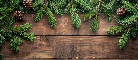 Poster - Rustic Christmas wooden background featuring a fir tree with copy space image for Xmas or New Year greetings adorned with green pine branches ideal for holiday frames in flat lay top view