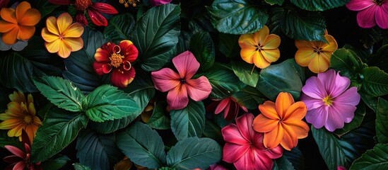 Poster - Various vibrant flowers of different hues are displayed in this captivating photo with fresh blossoms and lush green leaves enhancing the beauty of the image s copy space