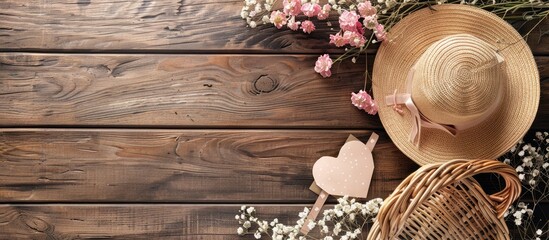 Aufkleber - Wooden background with a woman s hat basket of flowers heart and romantic card all set up elegantly with copy space image