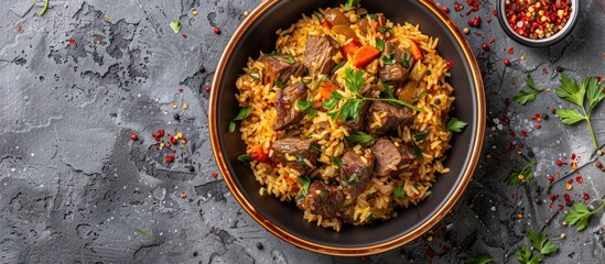 Aufkleber - Top view of lamb pilaf in a bowl on a stone surface with ample copy space image