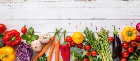 Poster - Mockup on white wooden table featuring an assortment of fresh and vibrant vegetables creating an appetizing background with room for text in the image. Creative banner. Copyspace image