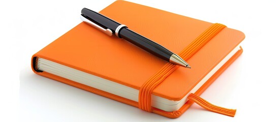 Wall Mural - An orange notebook diary and pen displayed on a white background with copy space image