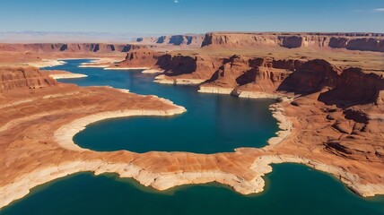 Wall Mural - aerial view of a large body of water with a narrow peninsula extending into the water