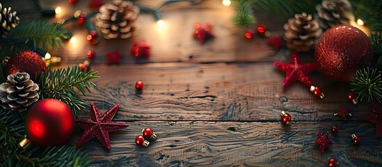 Poster - Festive Christmas and New Year s background featuring beautiful decorations on a wooden backdrop with copy space image