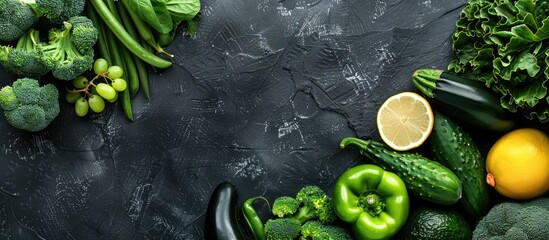 Sticker - Top view of nutritious green vegetables and fruits displayed on a black surface with ample copy space image