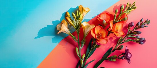Poster - Top view of fragrant freesia flowers on a colorful background with ample copy space image