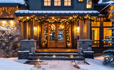 Beautiful home decorated with Christmas lights for the holiday season. There is snow on the ground and it is evening time. 