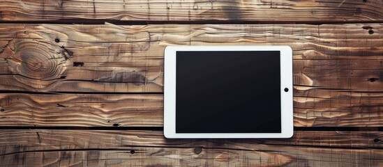 Poster - Wooden table showcasing a white digital tablet in a flat lay perspective with ample copy space image