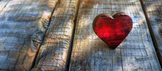 Poster - Rustic Valentine s Day background featuring a handmade red heart on a weathered backdrop with sunrays perfect for adding text or other images. Creative banner. Copyspace image