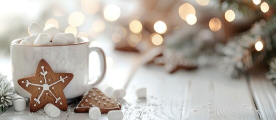 Aufkleber - Festive holiday theme featuring a white cup of hot winter beverage adorned with marshmallows and a gingerbread star on a white wooden backdrop complete with soft bokeh lights Include copy space for c