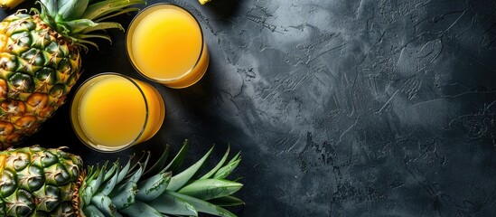 Aufkleber - Top view copy space image of fresh pineapple juice in a glass with pineapple on black background