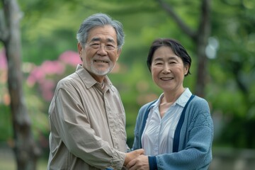 Wall Mural - Portrait of a satisfied asian couple in their 50s shaking hands