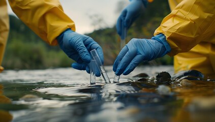 Hands in yellow raincoats and blue gloves holding test tubes, taking water samples from a river or lake surface for an environmental study. 