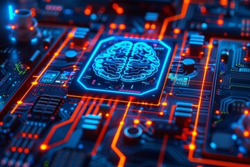 Wall Mural - Blue digital brain on a microchip representing advanced technology and innovative design in a high tech setting.