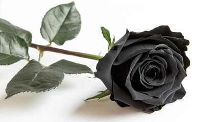 one single black rose flower on white background