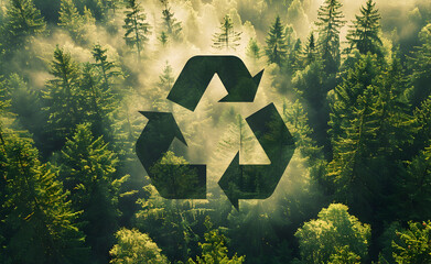Wall Mural - Recycling sign on the background of a green forest with tall large trees, sunlight.