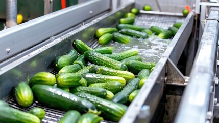 Wall Mural - A conveyor belt is filled with cucumbers. The cucumbers are being washed and sorted. The conveyor belt is moving at a steady pace