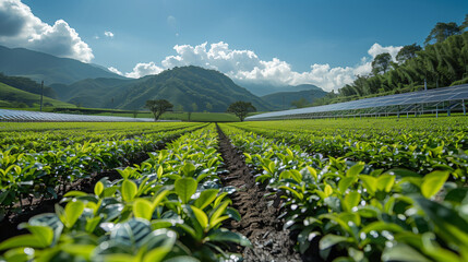 Lush green plants thrive in an experimental field equipped with various technological devices, set against a backdrop of mountains and bright skies.