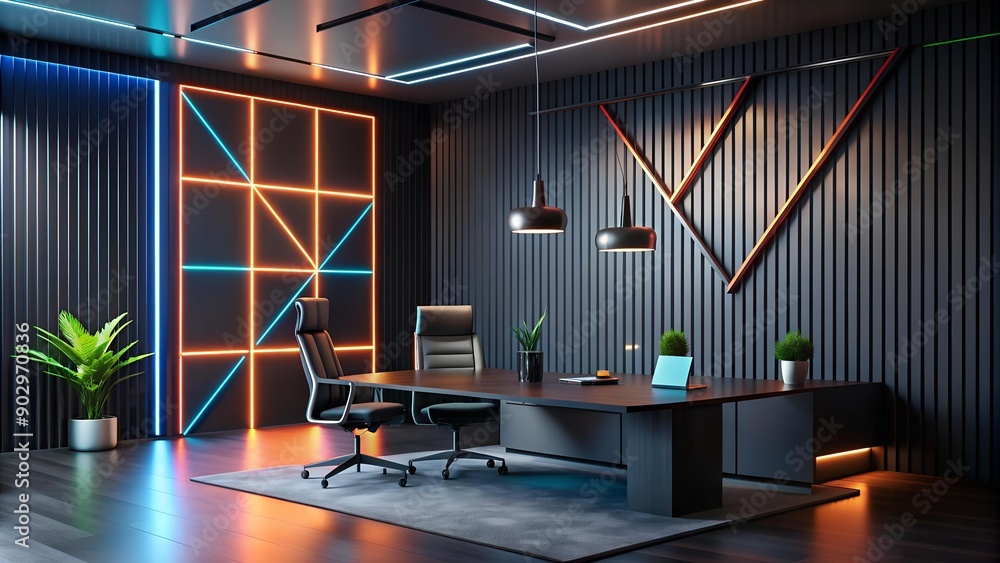 Abstract Black Office with Geometric Shapes and Neon Lights generative ...