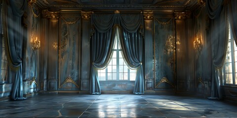 Wall Mural - A large room with a window and curtains. The curtains are open, letting in sunlight. The room is empty and has a very elegant and sophisticated feel to it