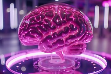 Sticker - Pink neon brain hologram in a high tech setting showcasing advanced technology and creativity.