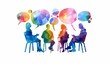 © TigerDude - vector watercolor group therapy meeting with colorful speech bubbles on a white background, silhouette of people sitting in chairs talking to each others.