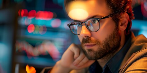 Wall Mural - A man wearing glasses is looking at a computer screen. Concept of focus and concentration as the man stares intently at the screen. The man's facial expression