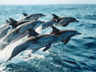 Wall Mural - Playful Dolphins Jumping Out of Turquoise Ocean Showcasing Their Energy and Joy