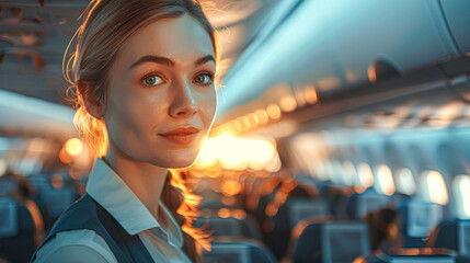 Wall Mural - A woman in a uniform is sitting in an airplane