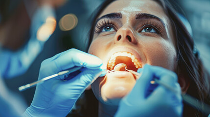 Wall Mural - Professional Dentist Examining Patient's Teeth in Close-up with Bright Clinical Light