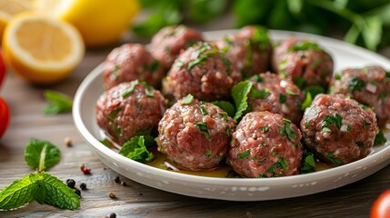 Wall Mural - Deliciously Fresh Meatballs Garnished with Mint and Lemon