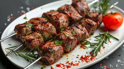 Wall Mural - Delicious Grilled Meat Skewers Garnished with Fresh Herbs and Spices