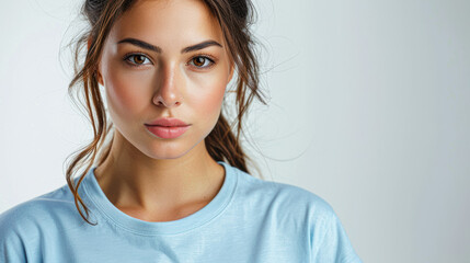 Wall Mural - A woman with brown hair and a blue shirt is looking at the camera