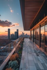 Wall Mural - A city skyline with a river running through it. The sky is a beautiful orange and pink color