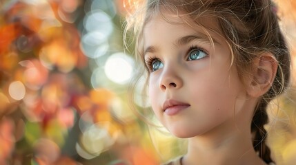 Canvas Print - Autumn Wonder: A young girl with captivating blue eyes gazes intently into the distance, surrounded by the vibrant hues of autumn leaves. 