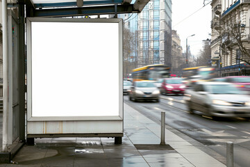 Blank Billboard in a City Bus Stop with Blurred Traffic