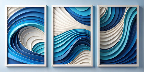 Wall Mural - series of three frames with white and blue waves