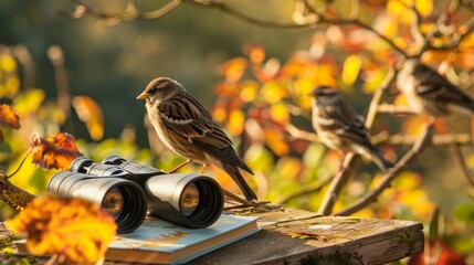 Exploring Nature With Binoculars and a Bird Guidebook Amidst Autumn Foliage