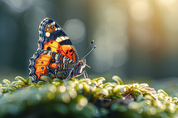 Wall Mural - A butterfly is sitting on a patch of moss