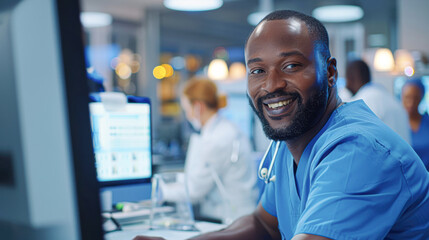 Wall Mural - A smiling black man in a blue scrubs is sitting in front of a computer