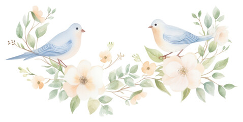 Poster - PNG Birds with bouquet as divider watercolor porcelain graphics painting.